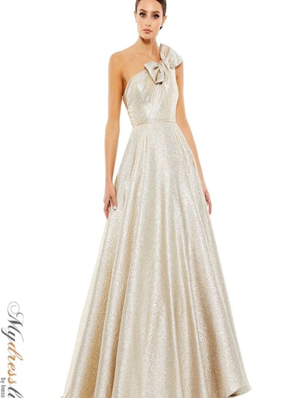 Mac Duggal One-Shoulder Bow Gown in Champagne Gold